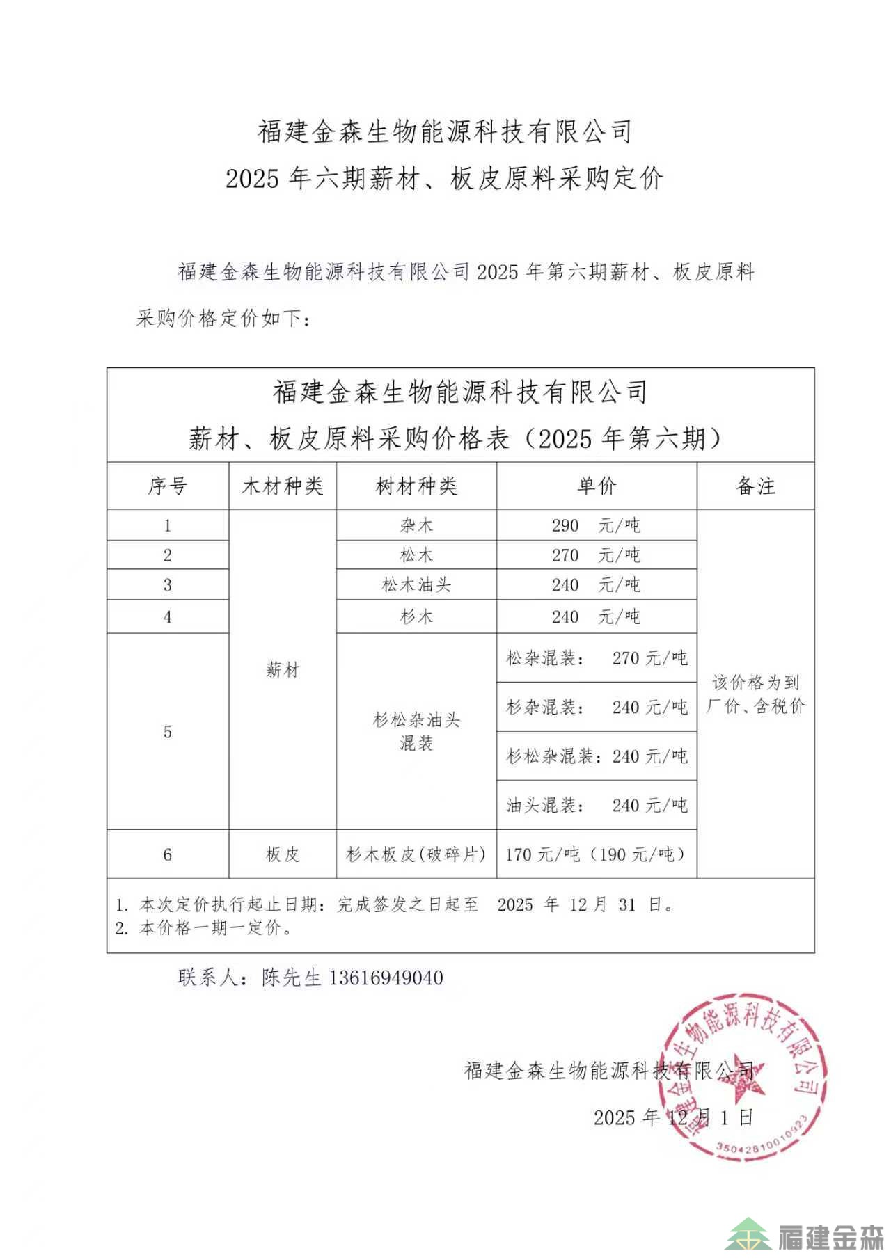 福建金森生物能源科技有限公司 2025年六期薪材、板皮原料采購定價